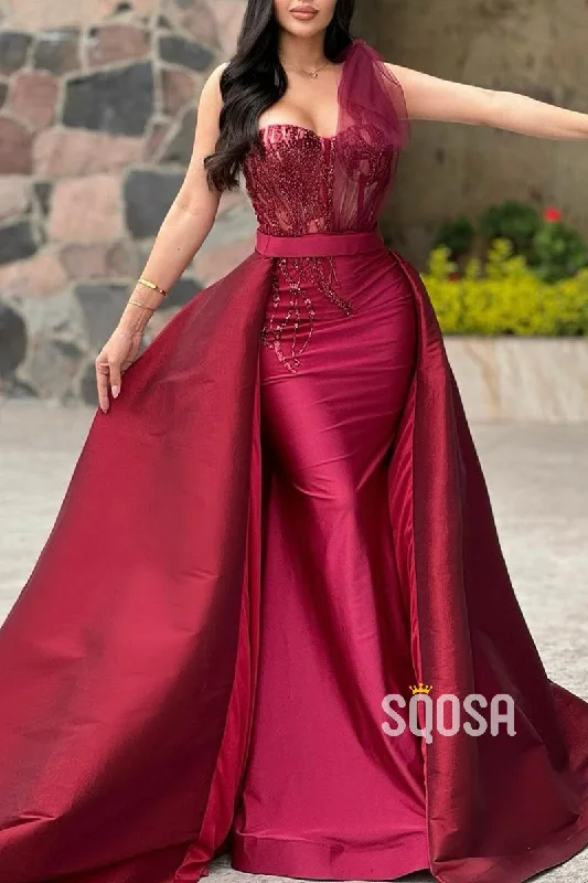 stylish dressOne Shoulder Beaded Appliques Detachable Train Party Prom Evening Dress  QP3278