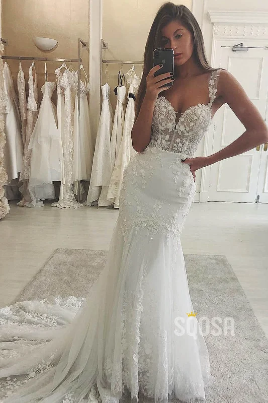 casual evening dressMermaid Wedding Dress Double Straps Unique Lace Appliques Bridal Gowns QW2098