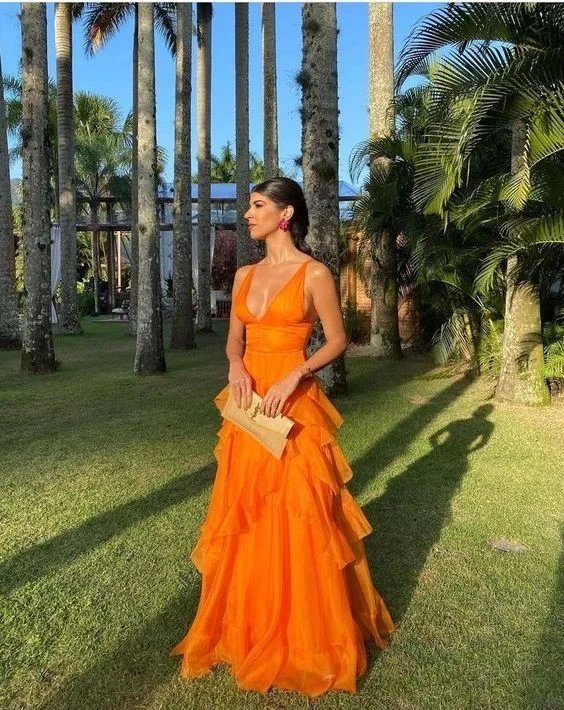 chic dressOrange Long Prom Dresses,V Neck Formal Dress Outfits Y2842