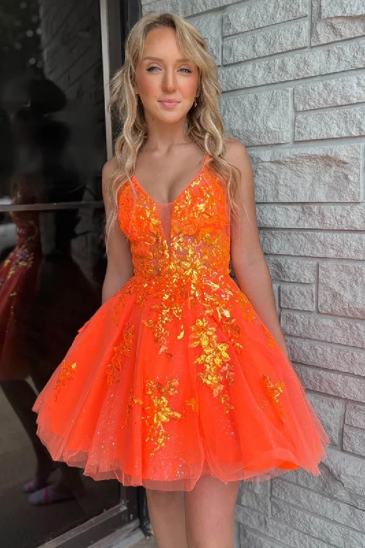 A-line dressA Line V neck Sequins Appliques Orange Homecoming Dress Short Graduation Dress QH2455