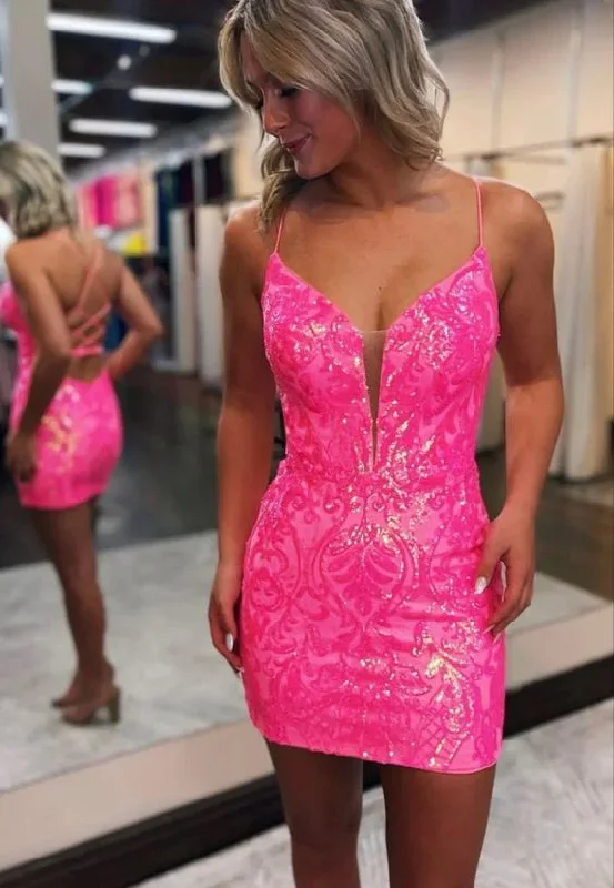 floral midi dressShort pink sequins prom dress Short Homecoming Dresses Y2901