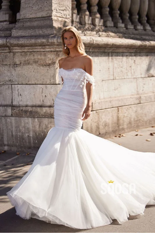 lace dressStrapless Tulle Pleats Mermaid Wedding Dress with Court Train QW2235