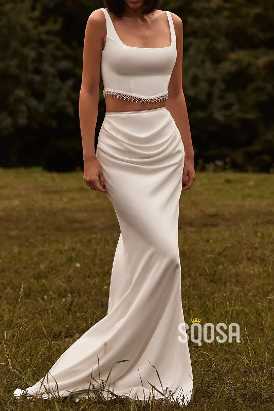 sleek midi dressSquare Spaghetti Straps Two-Piece Pleats With Train Cocktail Wedding Dress QW8180