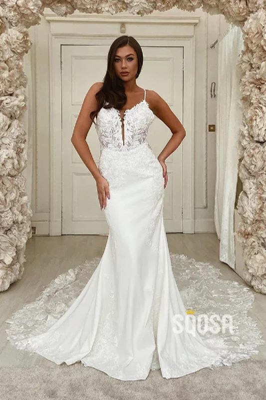 casual midi dressMermaid/Trumpet Wedding Dress Spaghetti Straps Lace Appliques Rustic Wedding Gown QW2247