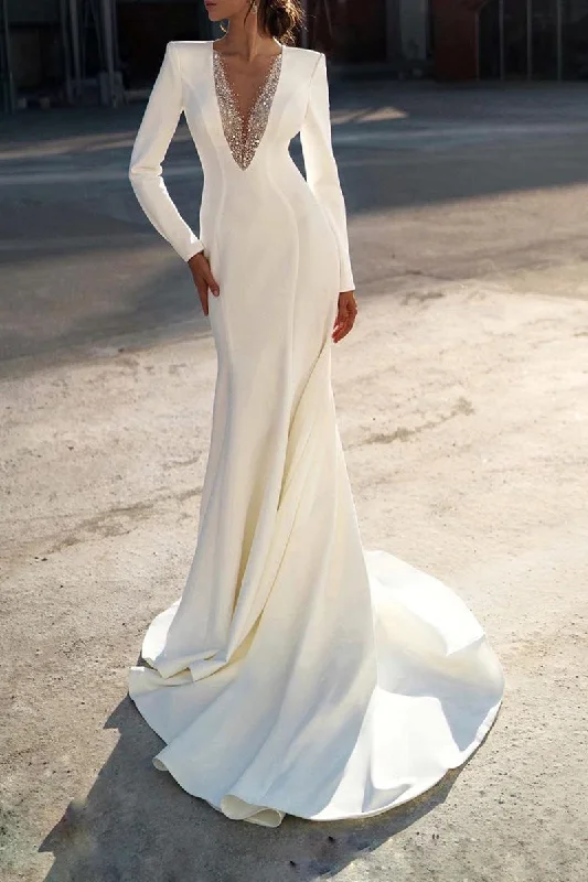 casual slip dressIllusion V-Neck Mermaid/Trumpet Wedding Dress with Sleeves Boho Bridal Gowns QW2586