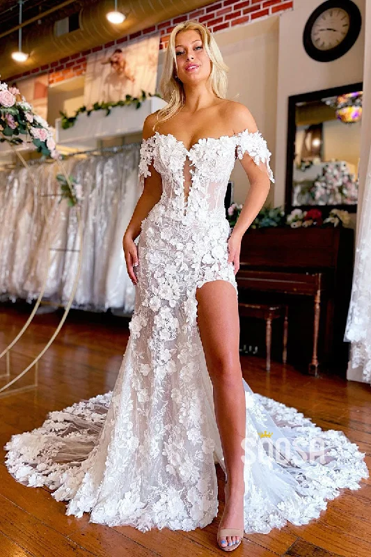 boho dressIllusion V-Neck 3D Lace Bohemian Wedding Dress with Slit QW2389