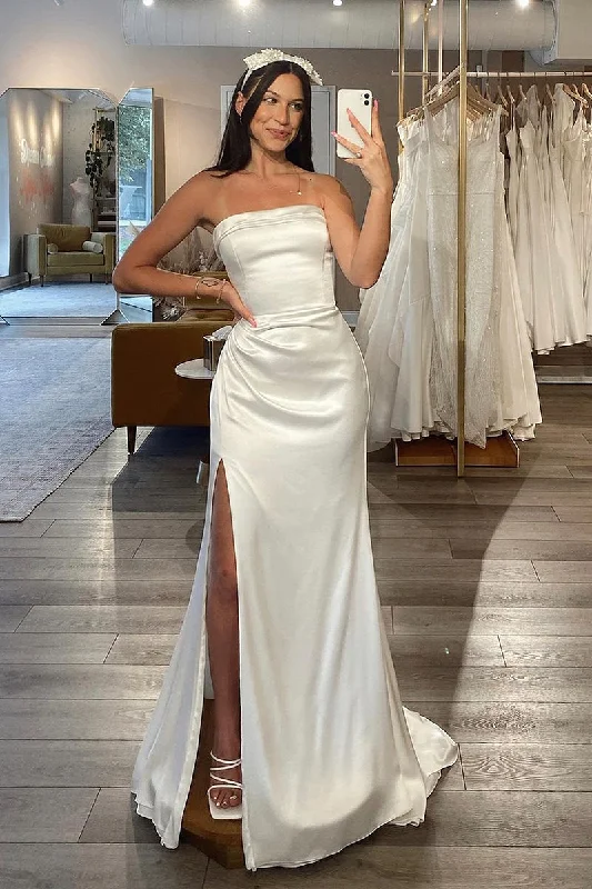 elegant maxi dressSheath/Column Strapless Ivory Satin Simple Wedding Dress with Slit QW2176