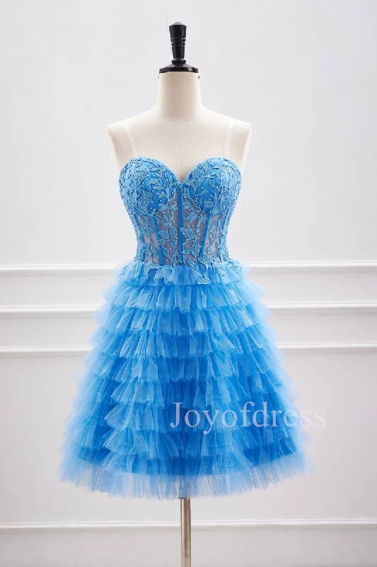 chic shift dressSweetheart Applique Blue Multi-Layers Tulle Homecoming Dress