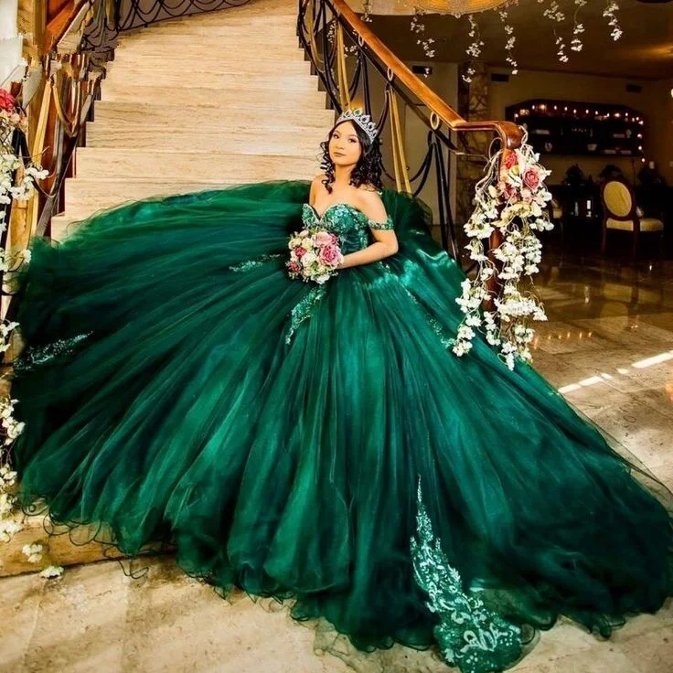 one-shoulder dressDark Green Quinceanera Dress Sweet 16 Dress Sequined Beaded Dress Ball Gown Y3030