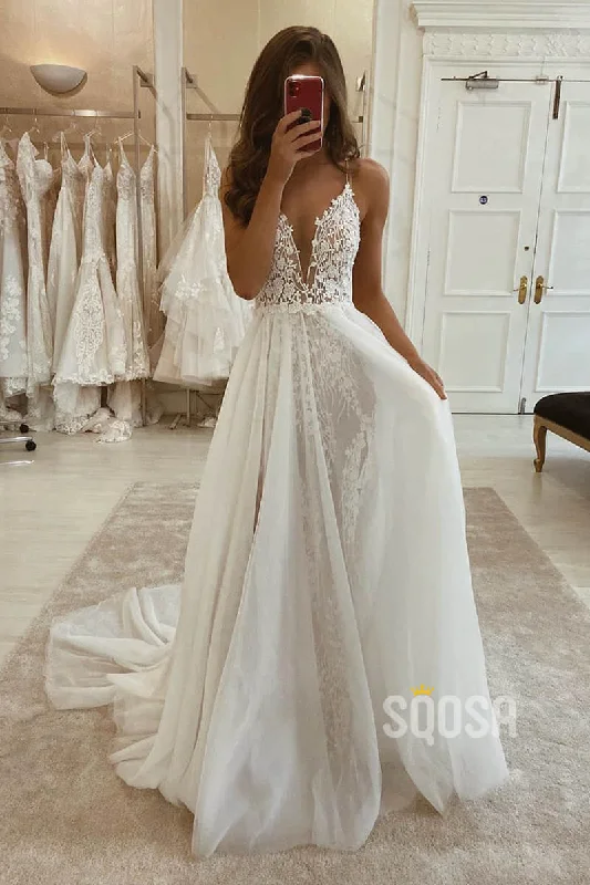 lace-up dressA-line V-neck Spaghetti Straps Lace Bohemian Wedding Dress Rustic Bridal Gowns QW2097