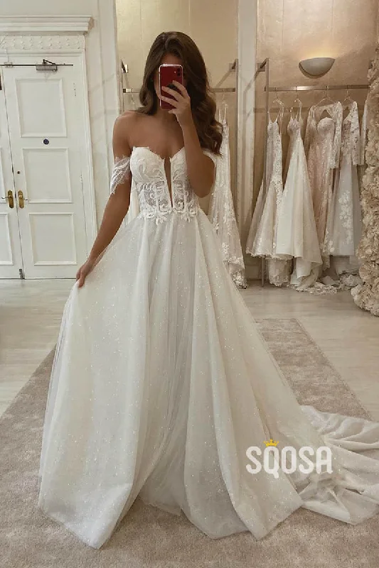 trendy mini dressA-line Unique Off-Shoulder Appliques Rustic Wedding Dress Bridal Gown QW2252