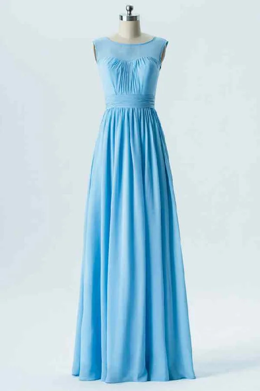 ruched dressBlue A-line Illusion Tulle Jewel Pleated Chiffon Long Bridesmaid Dress