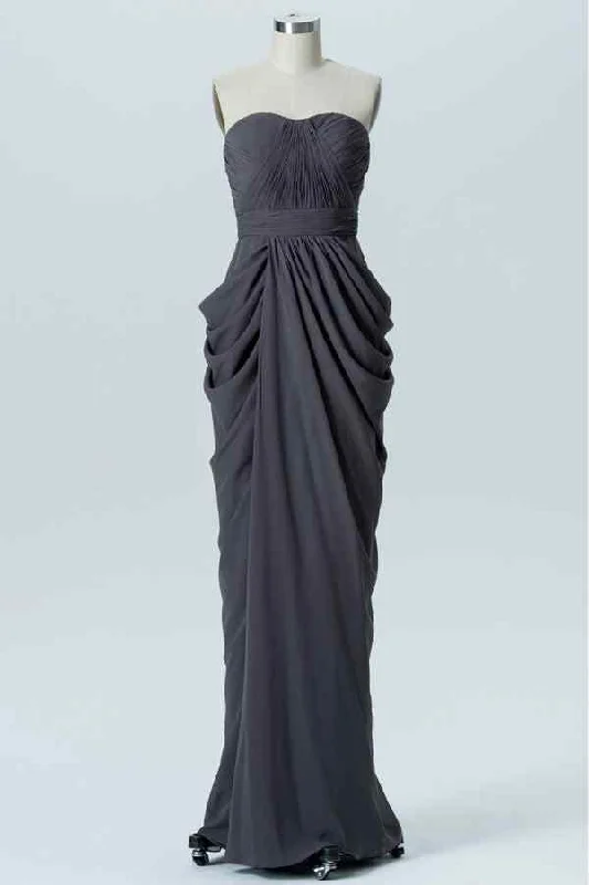 flowy maxi dressDark Grey Sheath Strapless Pleated Chiffon Long Bridesmaid Dress