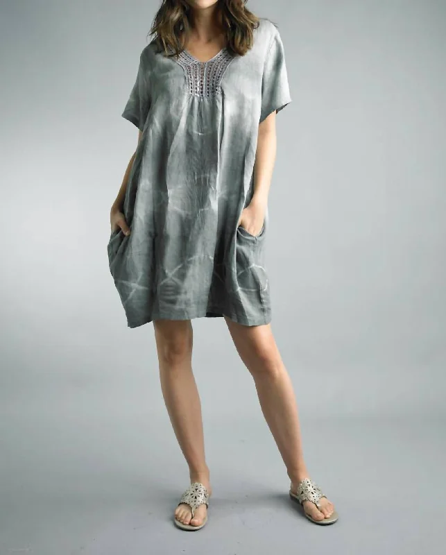 evening dressLinen Dip Dye Dress With Crochet Neckline in Grey