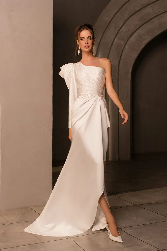 trendy dressUnique One Shoulder Long Sleeves Satin Mermaid Wedding Dress QW2688