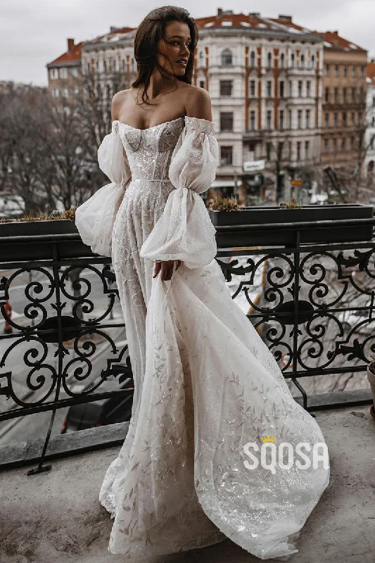 casual dressUnique Off-the-Shoulder Lace Wedding Dress Ivory Long Sleeves Bohemian Bridal Gown QW2705