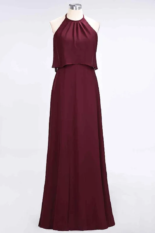 v-neck dressBurgundy A-line Halter Chiffon Crepe Long Bridesmaid Dress