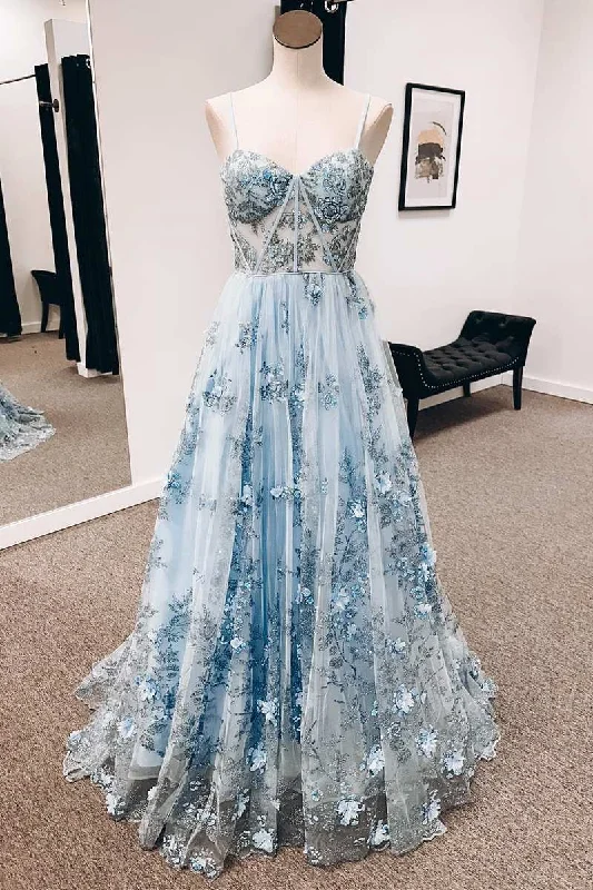 pleated maxi dressBlue 3D Floral Lace Sweetheart A-Line Long Prom Dress Y3099