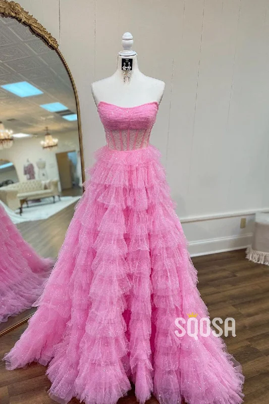 modern dressA-Line Strapless Pink Tulle Sparkle Ball Gown Long Prom Dress Evening Gowns QP1276