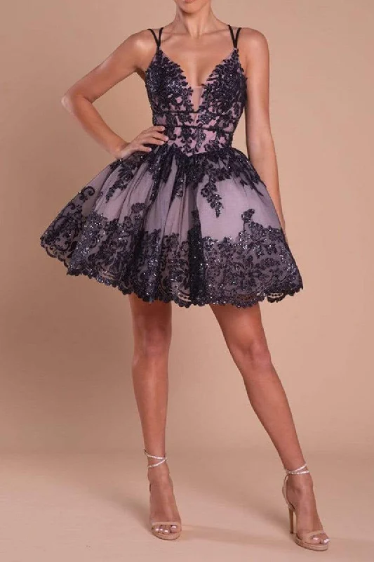 A-line dressA Line Deep V Neck Black Lace Appliques Cute Homecoming Dress Short Party Gown QH2364