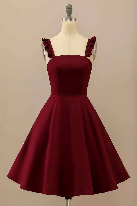 bohemian dressBurgundy A-line Ruffle Straps Satin Mini Homecoming Dress