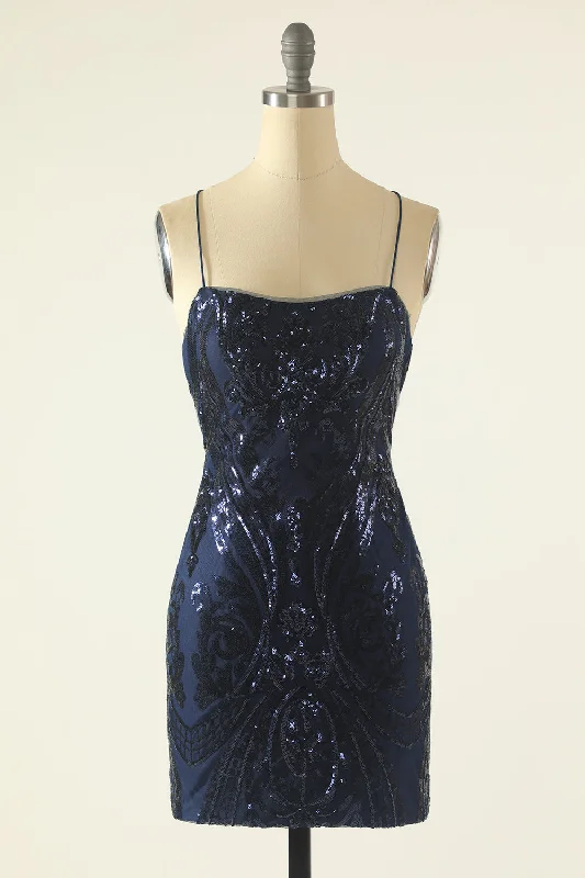 fitted cocktail dressDark Navy Lace-Up Sheath Sequins-Embroidered Homecoming Dress