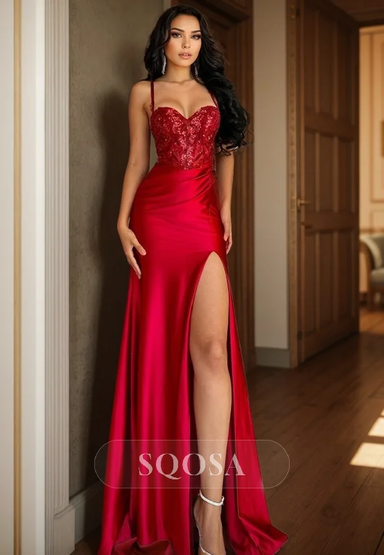 stylish dressSpaghetti Straps Sweetheart Lace Appliques Red Mermaid Prom Party Dress with Slit