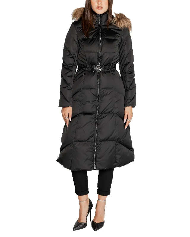 fashion-forward coatGuess  Women's Long Puffer Coat with Faux Fur Hood Black