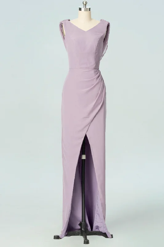 formal dressLilac Mermaid V-neckline Cowl Back Pleated Slit Long Bridesmaid Dress