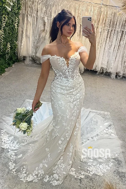 bohemian dressChic Off The Shoulder Lace Appliques Mermaid Wedding Dress with Train QW2200