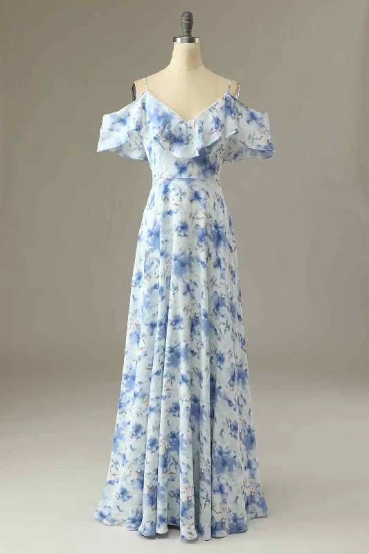 wool dressBlue Floral Prints A-line V Neck Flaunt Sleeves Chiffon Long Bridesmaid Dress