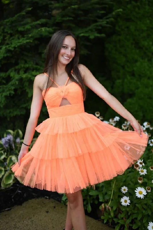 classic fit-and-flare dressOrange Spaghetti Straps A Line Tiered Ruffles Homecoming Dress