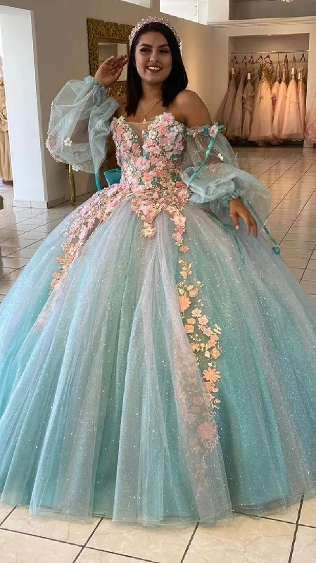 chic dressIce Blue Quinceanera Dress with 3D Flowers Chic Ball Gown  Y2990