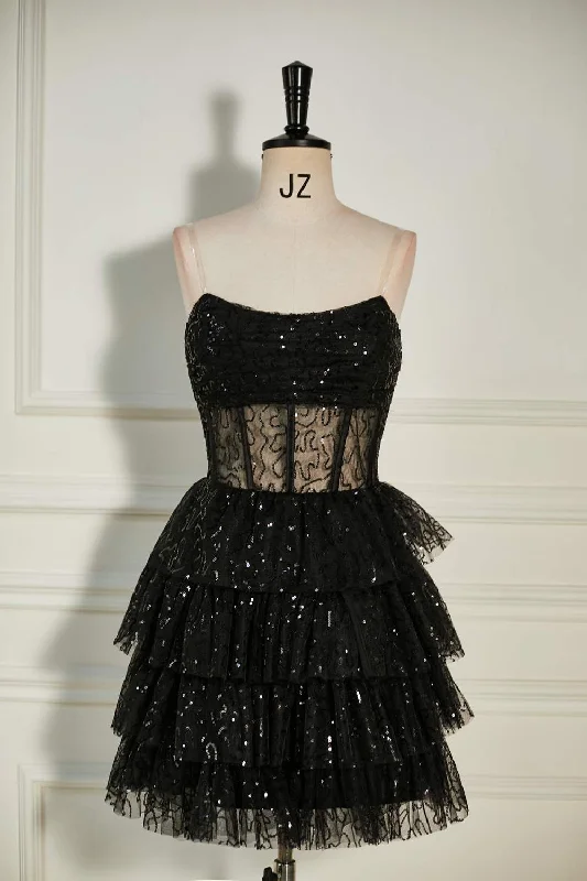 denim dressBlack Sequined Strapless Multi-Layers Tulle Homecoming Dress