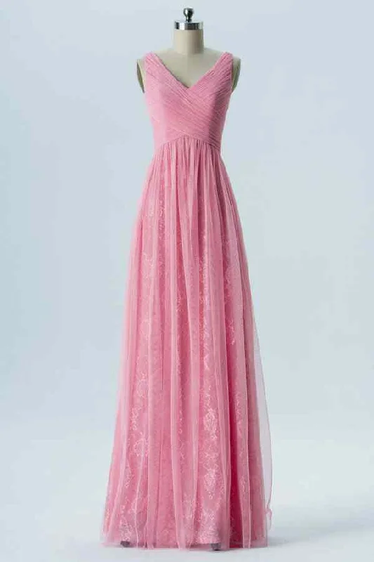 evening dressCandy Pink A-line Tulle Pleated Prints Long Bridesmaid Dress