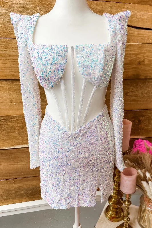 casual summer dressIridescent White Sequins Long Sleeves Square Neck Homecoming Dress Y2677