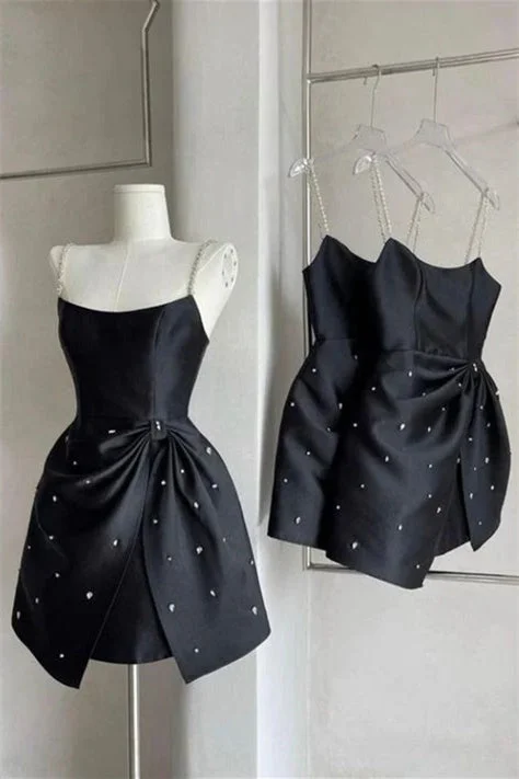 classic fit-and-flare dressSpaghetti strap short dress rhinestone satin dress Homecoming Dress