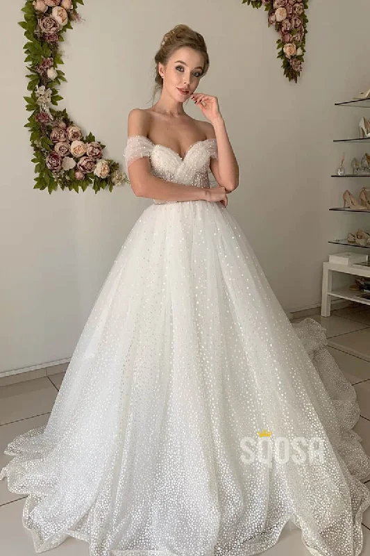 cocktail party dressA-line Off-the-Shoulder Chic Tulle Pearls Rustic Wedding Dress Bridal Gown QW2148