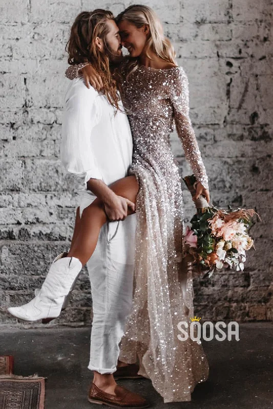 elegant dressUnique Scoop Shiny Sequins Long Sleeves Bohemian Wedding Dress QW2540