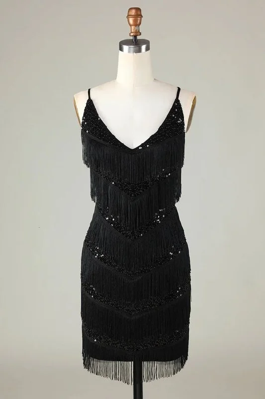 trendy bodycon dressSparkly Black Sequins Beaded Tight Short Homecoming Dress with Fringes