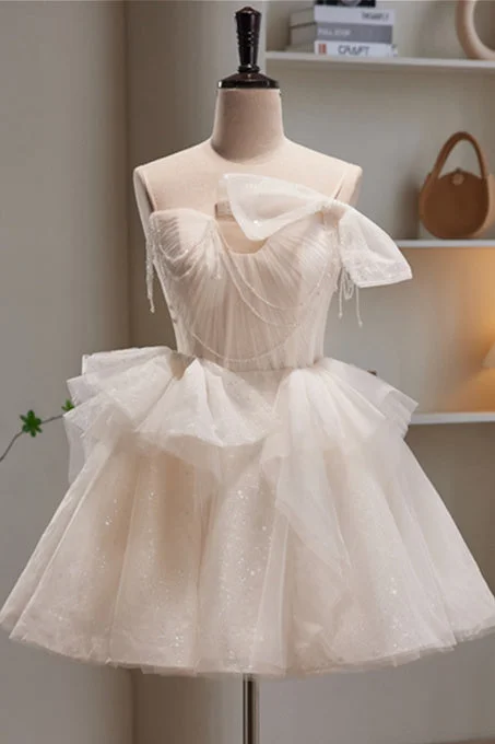 trendy wrap dressIvory Straps Beading Bow Ruffle Pleated Homecoming Dress