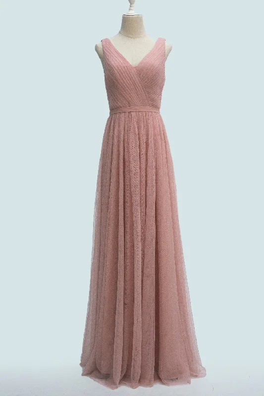 casual evening dressBlushing Pink A-line V-Neckline Pleated Long Bridesmaid Dress