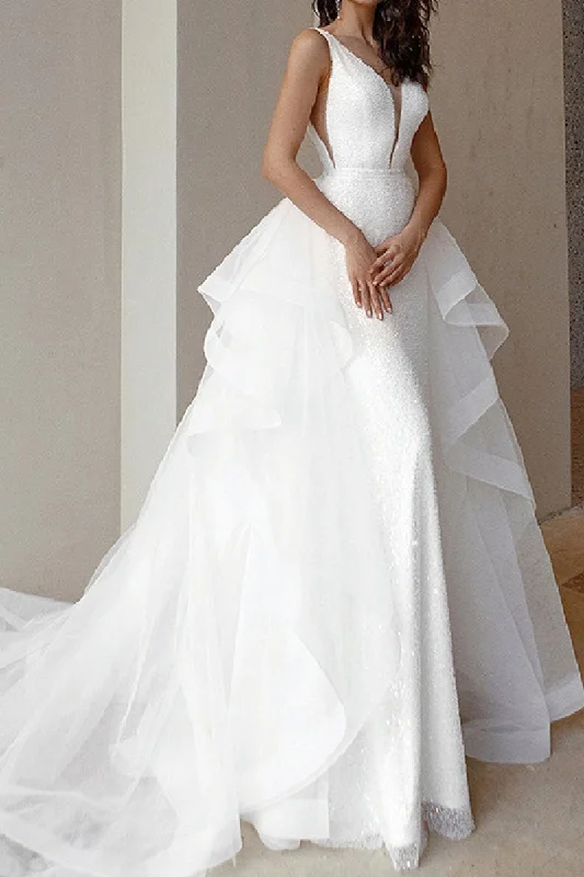 casual shift dressEngagement Sparkle & Shine Formal Wedding Dresses Court Train Sleeveless V Neck Bridal Gown QW2379