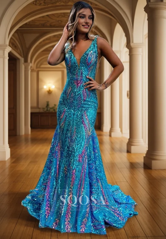 romantic dressAttractive V-neck Sequins Appliques Mermaid Prom Dress QP0946