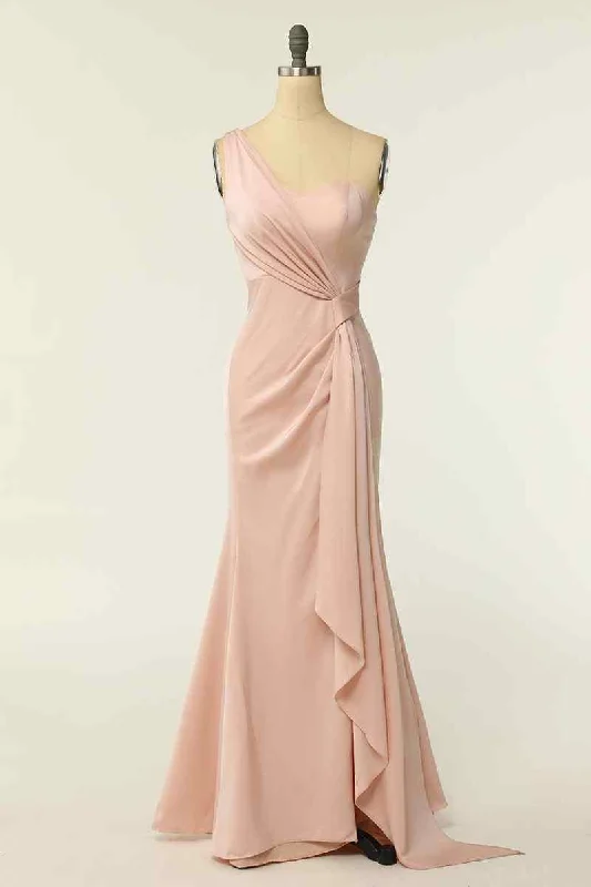 wrap-around dressChampagne Mermaid One Shoulder Chiffon Pleated Long Bridesmaid Dress