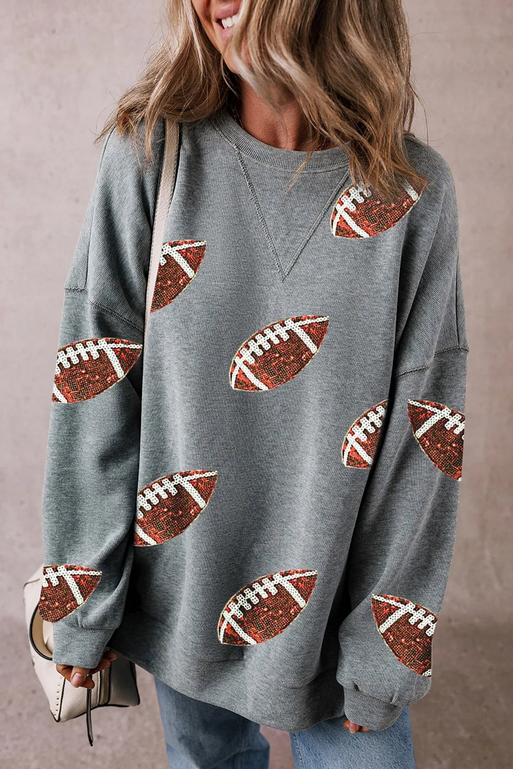 warm workout hoodieSequin Football Round Neck Long Sleeve Sweatshirt