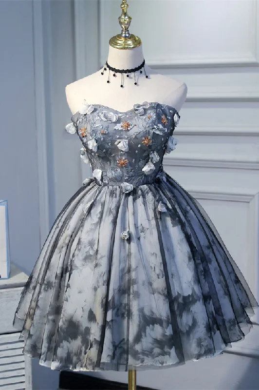 casual evening dressGrey Strapless Embroidery Flowers Prints Tulle Homecoming Dress