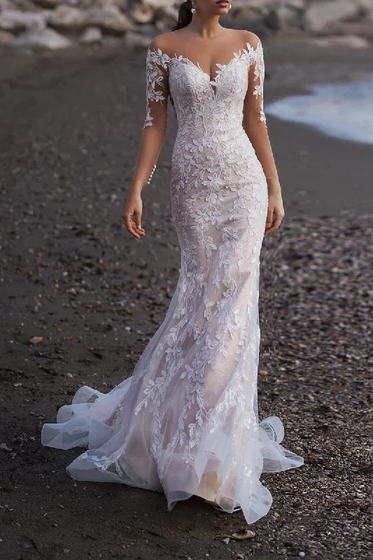 spaghetti strap dressUnique Illusion Neckline Lace Wedding Dress Mermaid Bridal Gown with Sweep Train QW2289