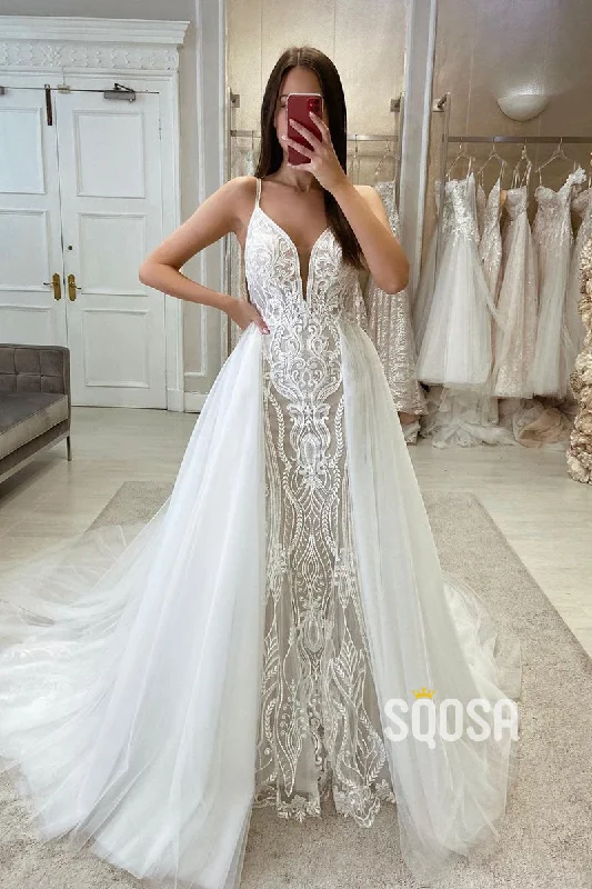 party-ready dressTrumpet V-Neck Spaghetti Straps Detachable Tulle Train Lace Applique Wedding Dress QW8103