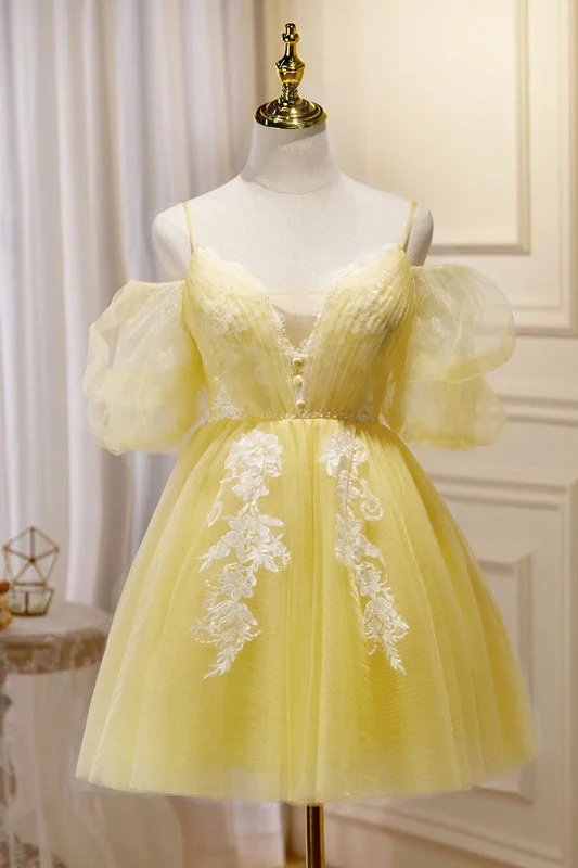 party-ready dressYellow Plunging Puff Off-the-Shoulder Appliques Homecoming Dress